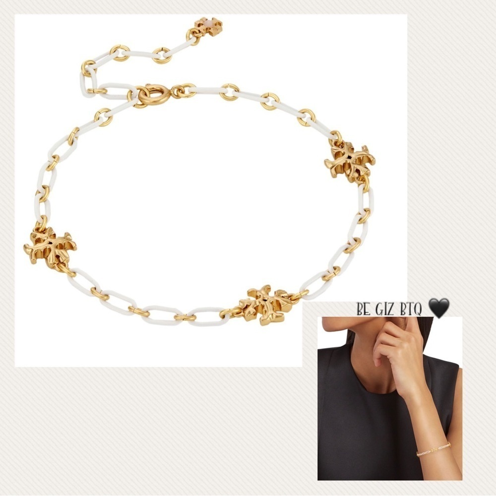 🆕Tory Burch Authentic Roxanne 18KGold-Plated & Ivory Acrylic Logo Chain Bracelet